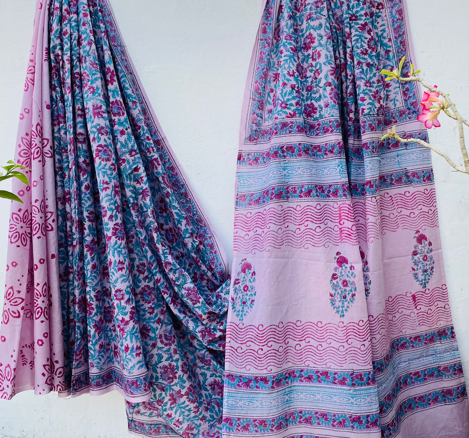 Hand block print soft cotton saree with blouse